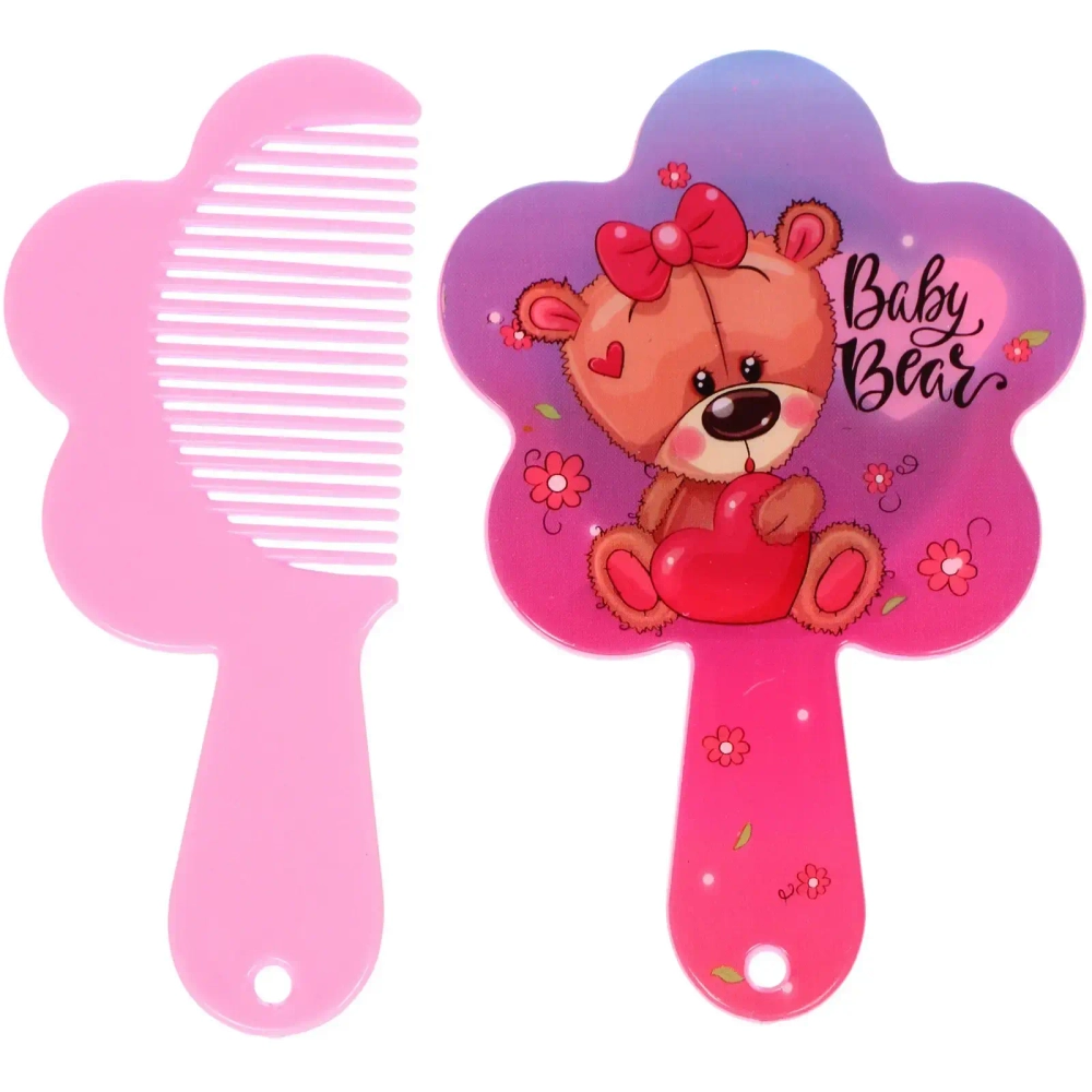 Расческа с зеркалом в наборе детские «МИМИШКИ», мишка, цвет розово-фиолетовый, 11см
