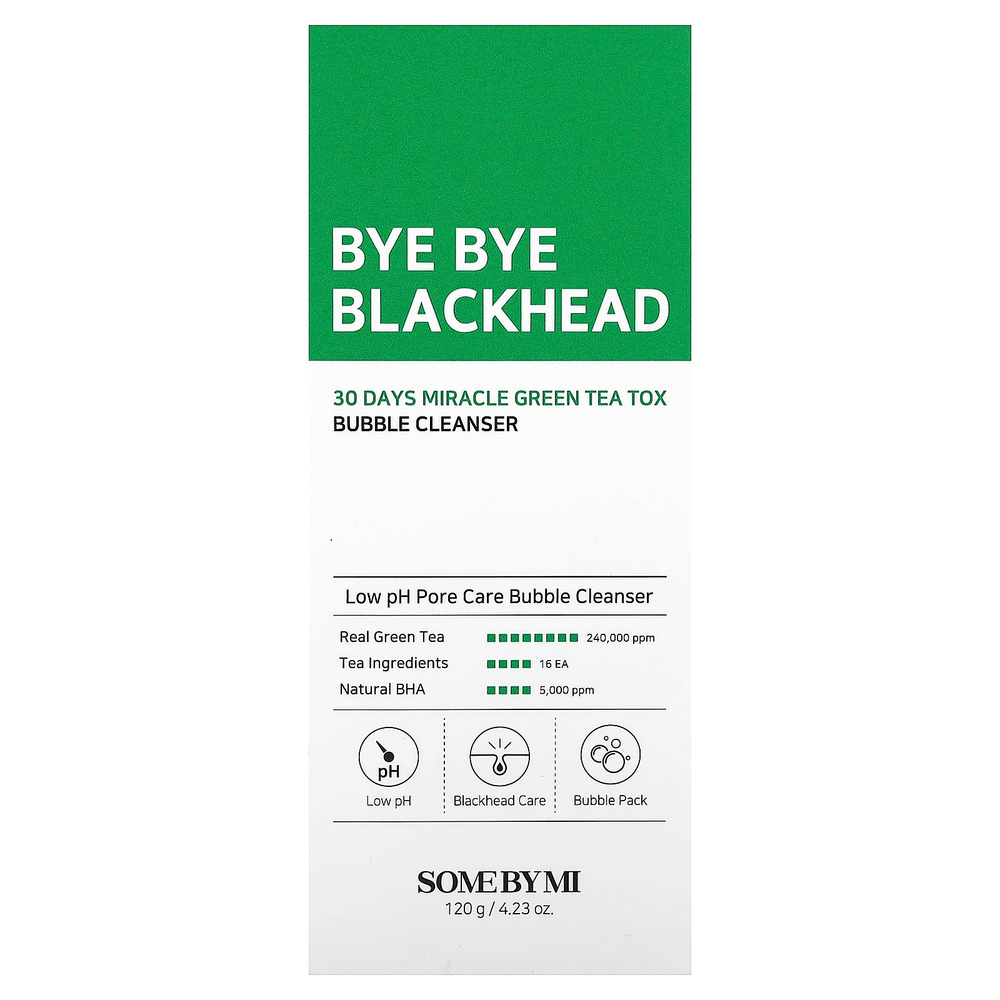 SOME BY MI, Bye Bye Blackhead, 30 Days Miracle Green Tea Tox, пенящееся очищающее средство с экстрактом зеленого чая, 120 г (4,23 унции)