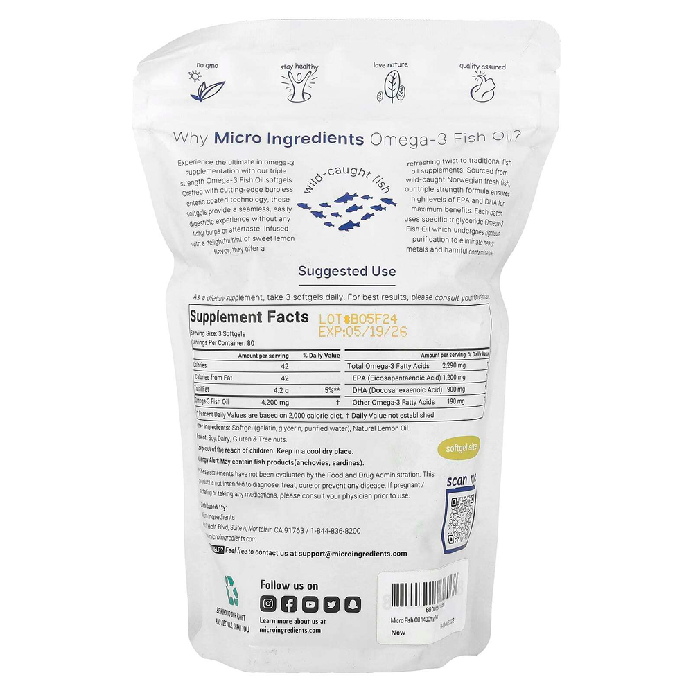 Micro Ingredients, рыбий жир с омега-3, тройная сила, лимон, 240 капсул (1400 мг в 1 капсуле)
