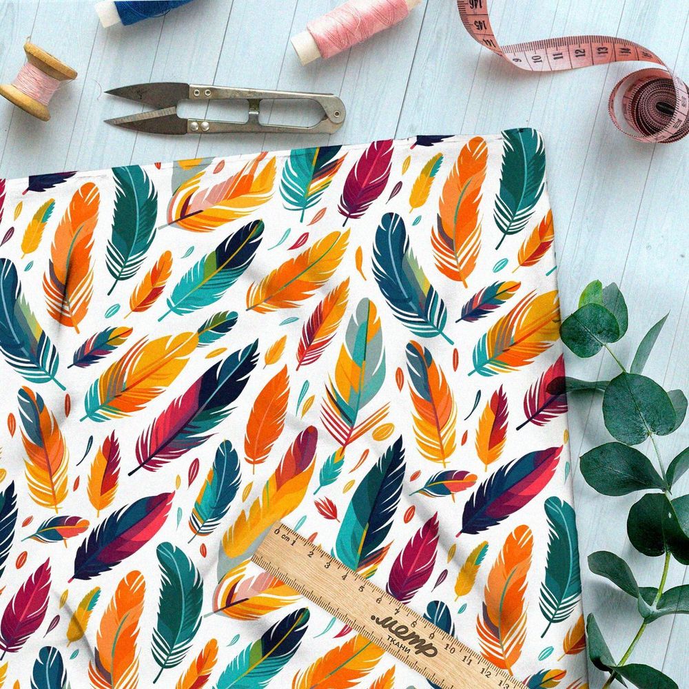 Ткань премиум таффета разноцветные перья