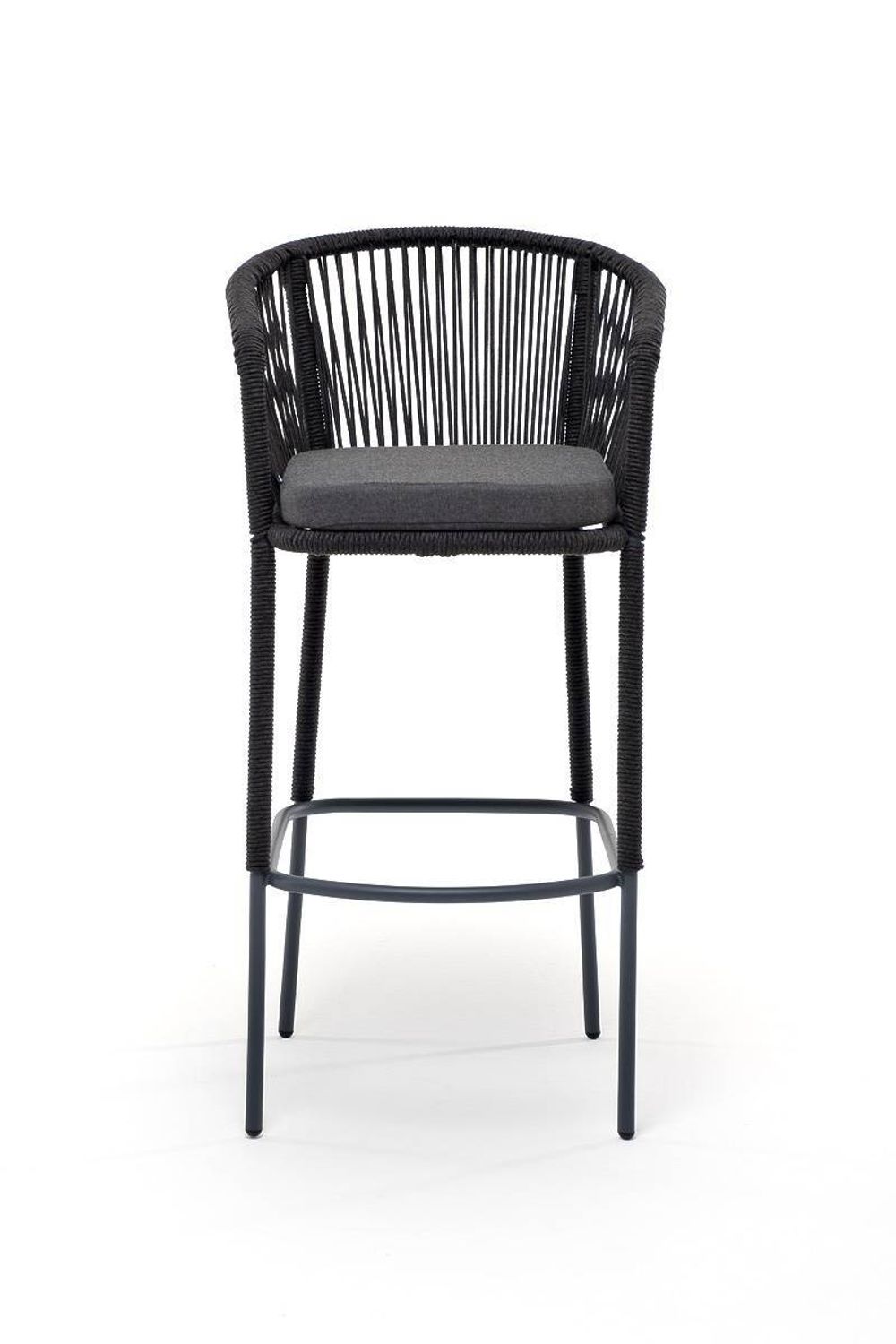 "Марсель" стул барный плетеный из роупа, каркас из стали серый (RAL7022) муар, роуп темно-серый круглый, ткань темно-серая 027