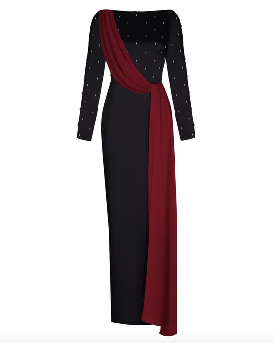 Платье макси сатиновое с асимметричной драпировкой и вышивкой