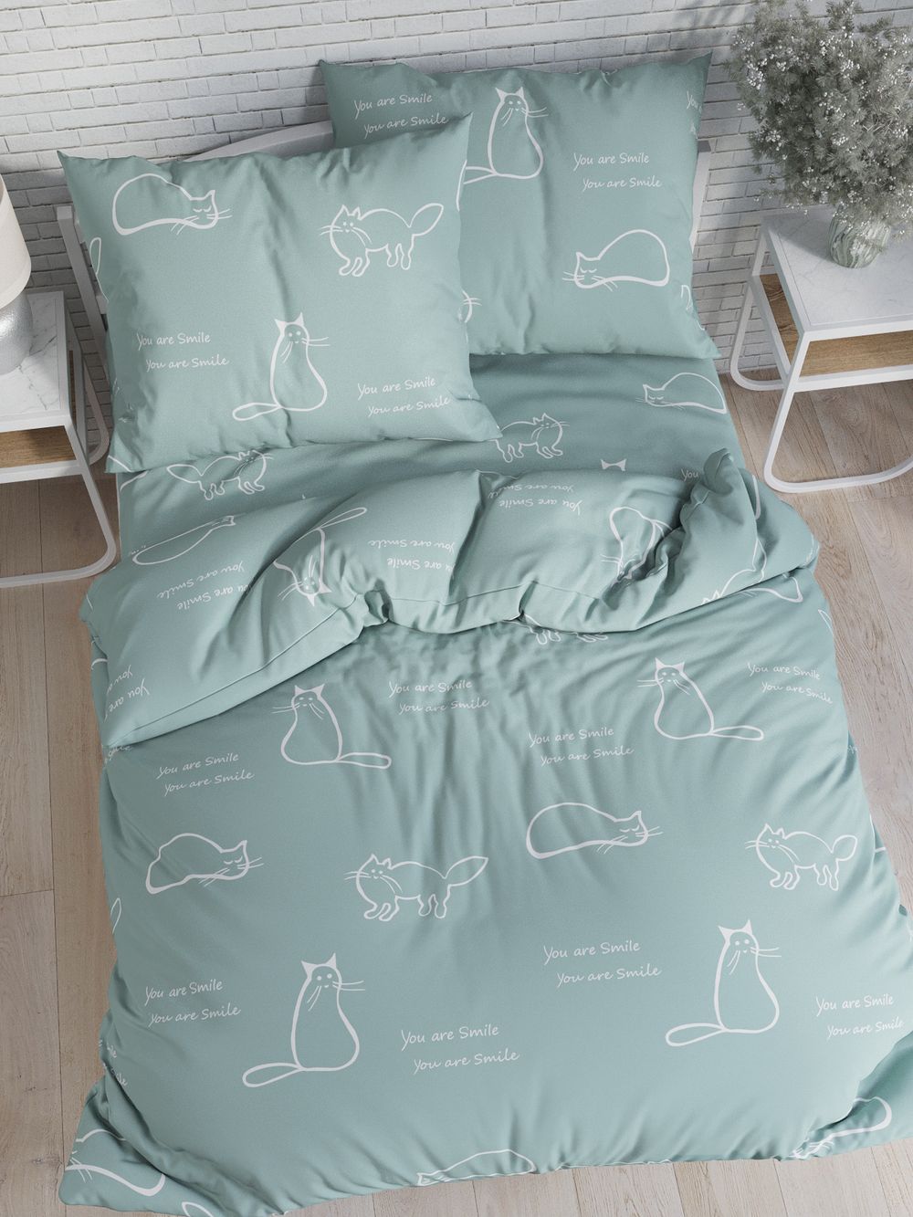 Наволочка комплект 2шт перкаль Сказка "Котики (мята)" 40х40 см на молнии