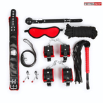 Стильный черно-красный набор БДСМ: маска, кляп, зажимы, плётка, ошейник, наручники, оковы, верёвка (Цвет: черный с красным)