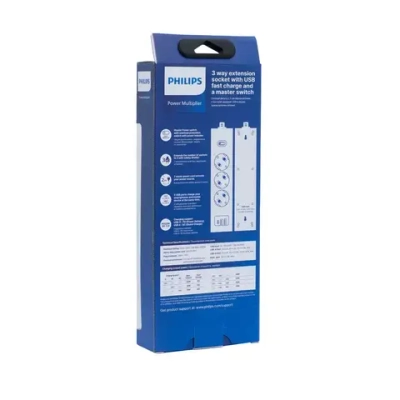 Сетевой фильтр удлинитель Philips CHP4336WA/51 с тремя стандартными розетками EU, 2 USB-A, Type-C, с заземлением и защитой от перегрузок, 2 м, белый