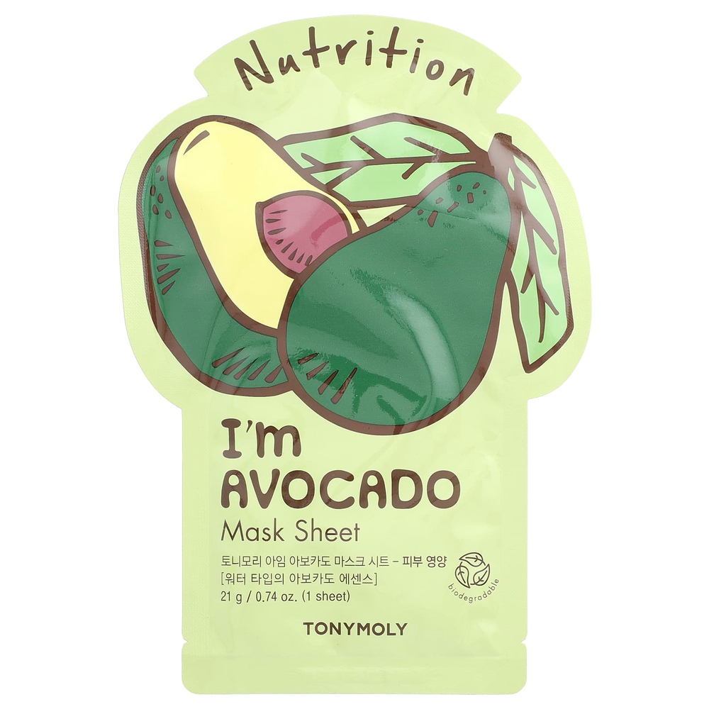 TonyMoly, I'm Avocado, питательная тканевая маска, 1 шт., 21 г (0,74 унции)