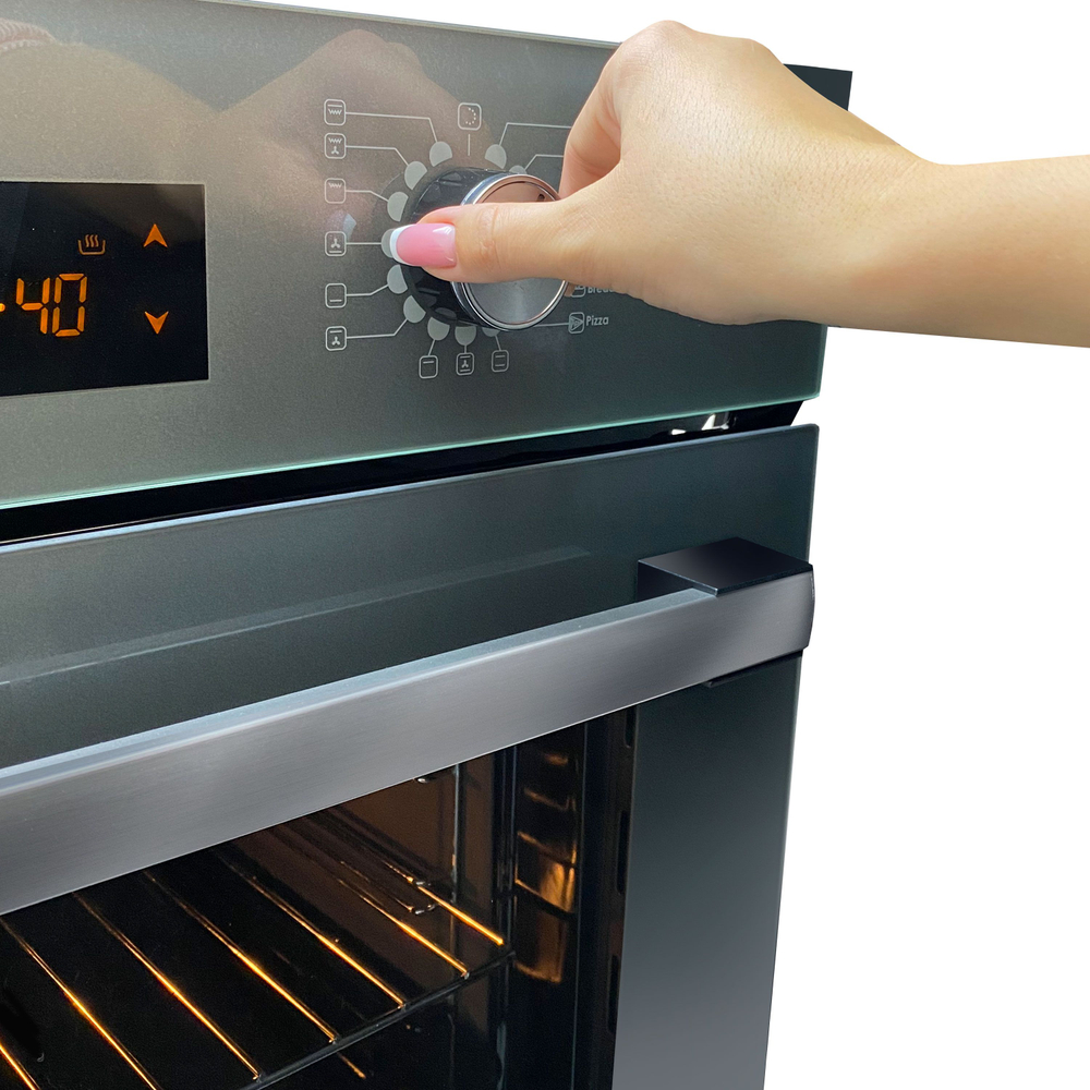 Электрический духовой шкаф встраиваемый GINZZU HOE-219 61л, 13 программ, серый с каталитической очисткой и дисплеем, конвекция, гриль