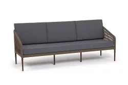 "Канны" диван 3-местный плетеный из роупа, каркас алюминий коричневый (RAL8016) муар, роуп коричневый круглый, ткань темно-серая 027