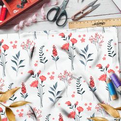 Ткань таффета коралловые цветы и листья на белом фоне