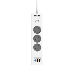 Сетевой фильтр удлинитель Philips CHP4336WA/51 с тремя стандартными розетками EU, 2 USB-A, Type-C, с заземлением и защитой от перегрузок, 2 м, белый