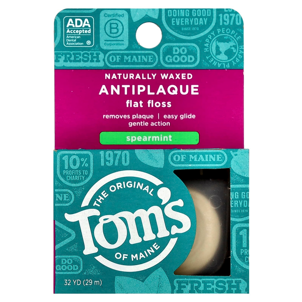Tom's of Maine, Натуральная восковая плоская нить против зубного налета, мята, 29,2 м (32 ярда)