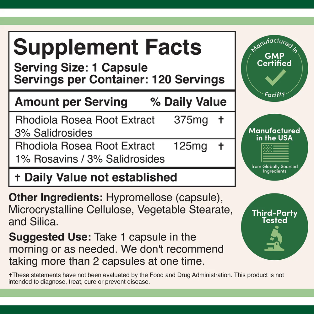 Double Wood Supplements - Rhodiola Rosea - 120 x 500 mg capsules