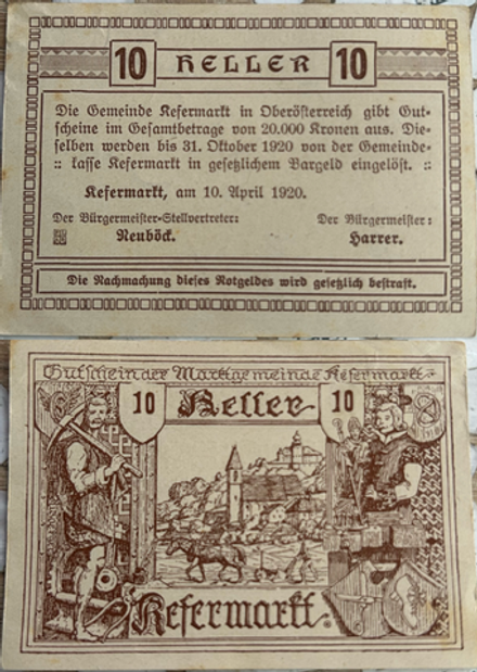 Австрия 10 геллеров 1920 Кефермаркт aUNC