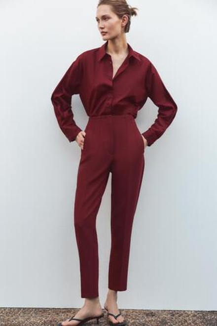 ZARA РУБАШКА ИЗ ПОПЛИНА СО СКЛАДКАМИ НА МАНЖЕТАХ, ЦВЕТ БУРГУНДСКОГО ВИНА