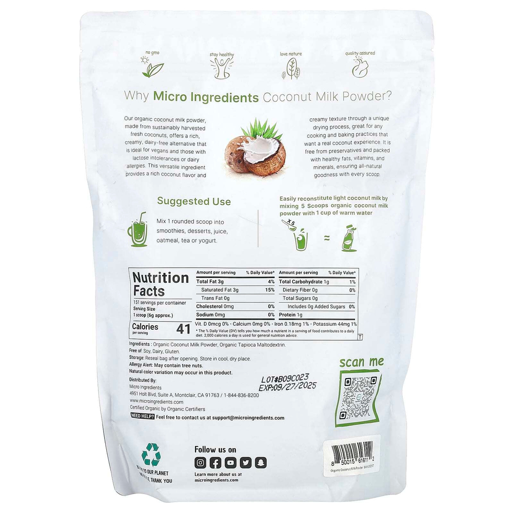 Micro Ingredients, Органическое сухое кокосовое молоко, 907 г (2 фунта)