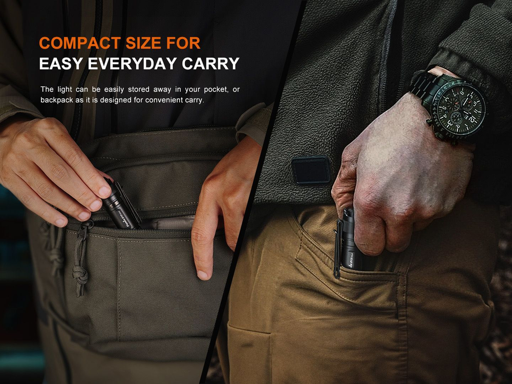 Компактный фонарь Fenix E12 V3.0 магнит в кнопке,  работает от одной АА батарейки, клипса