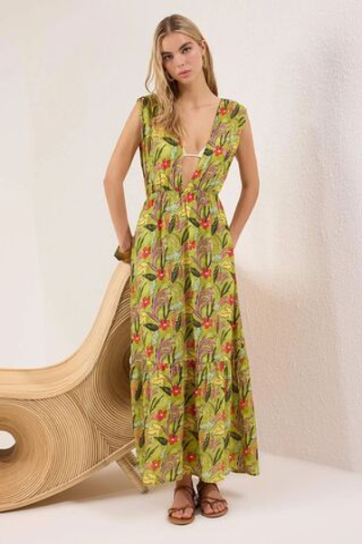 Пляжное платье макси с цветочным принтом и ткаными складками TBESS25EL00100