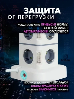 Сетевой фильтр удлинитель с предохранителем, 8 розеток, 2 USB, 2 Type-C и с кнопкой выключения