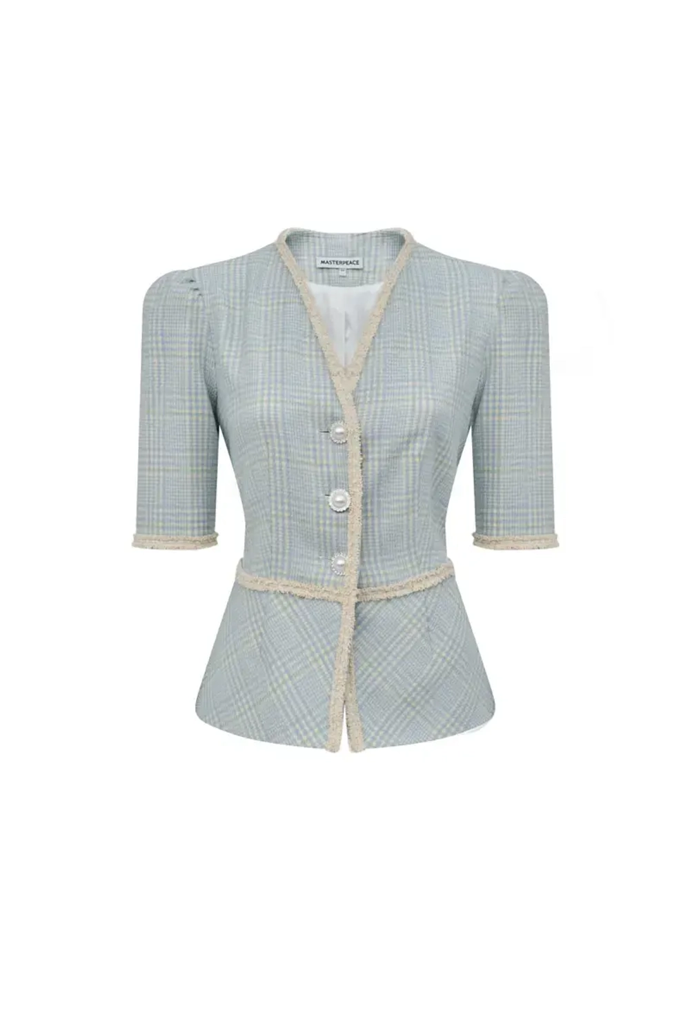 Жакет с объемными плечами и баской голубой