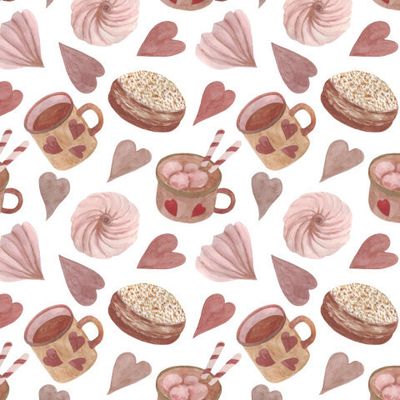 Кофе в кружках с маршмеллоу, торт и сердечки