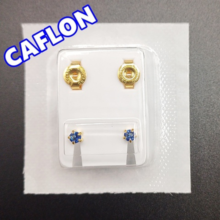 Серьги-гвоздики для прокола ушей под пистолет. CAFLON (Англия). Золотистые с синими ( Сентябрь) кристаллами, крапление