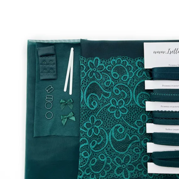 Набор сетка + кружево, изумруд/цветы
