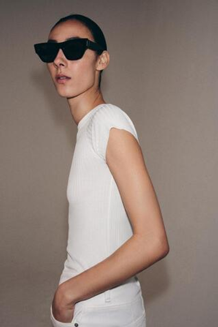 ZARA ТОП В РУБЧИК С КОРОТКИМ РУКАВОМ, БЕЛЫЙ