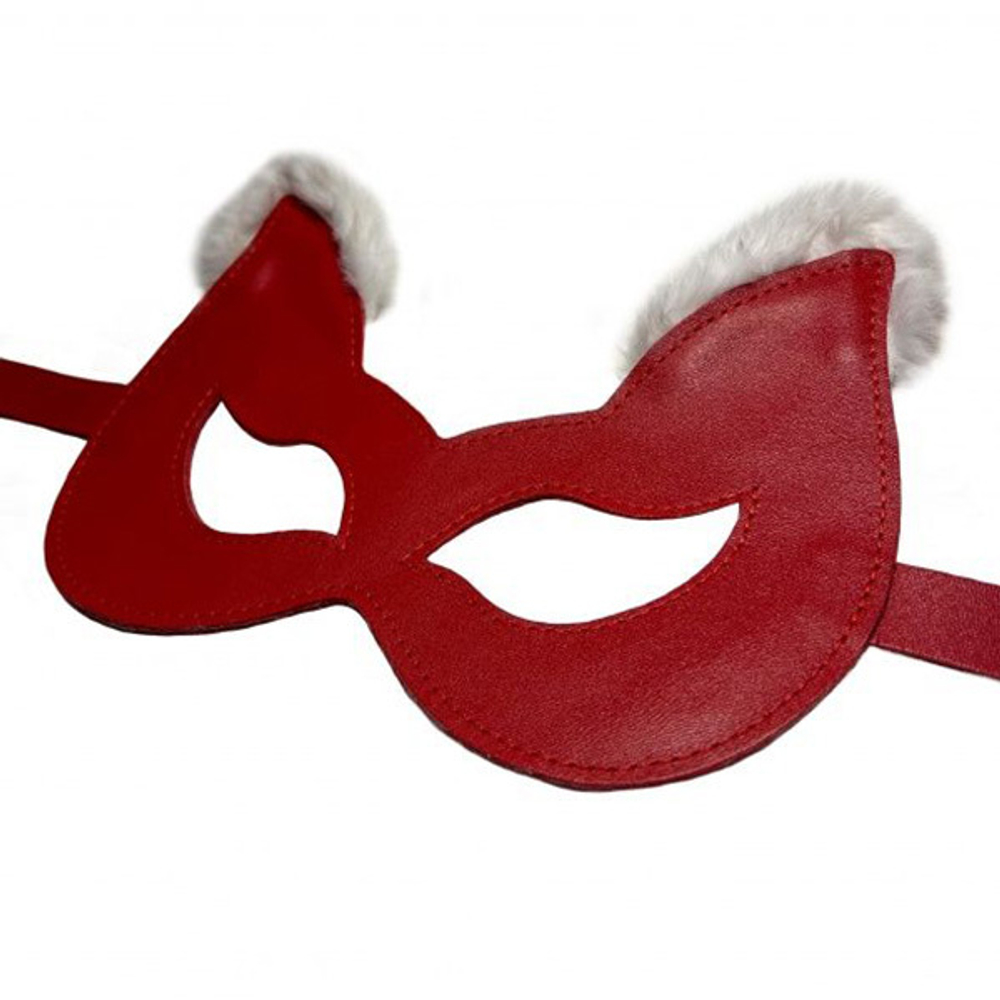 Красная кожаная маска с мехом на ушках БДСМ Арсенал 20022