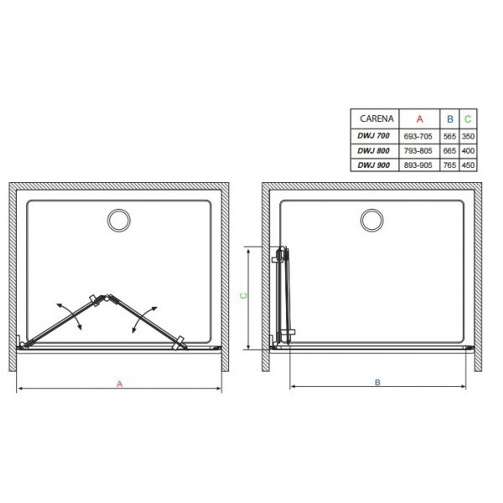 Душевая дверь Radaway Carena DWB 80L 80x195 см. левая, крепится слева, профиль хром, стекло прозрачное 34512-01-01NL схема