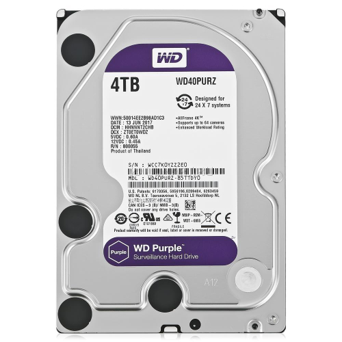 Внутренний HDD 3.5" Western Digital Purple PURZ, 4Тб, SATA3, Bulk, Чтение:150мб/с, Запись:150мб/с, 5400об/мин, Буфер:64Мб (WD40PURZ)