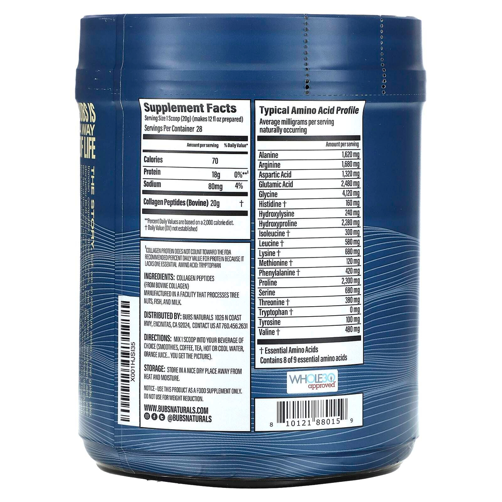 BUBS Naturals, пептиды коллагена, без добавок, 567 г (20 унций)