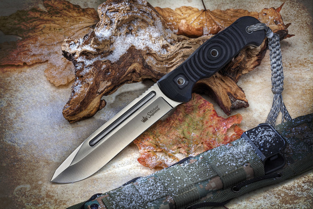 Нож Kizlyar Supreme MAXIMUS AUS-8 SW G10-BH CAMO (StoneWash, G10 Black Handle, CAMO MOLLE Sheath)