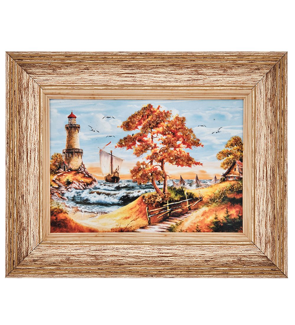 AMB-01/21 Картина «Маяк на закате» (с янтарной крошкой) пласт.рамка 33х42см