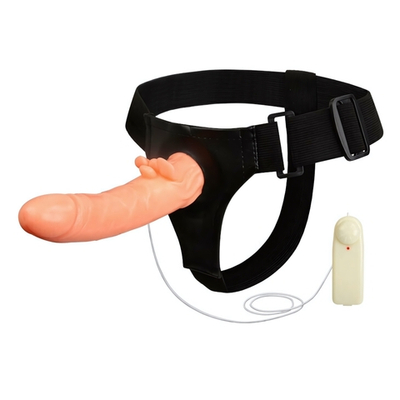 Фаллос с ребристым основанием на трусиках с вибрацией - 18 см. (Цвет: телесный)