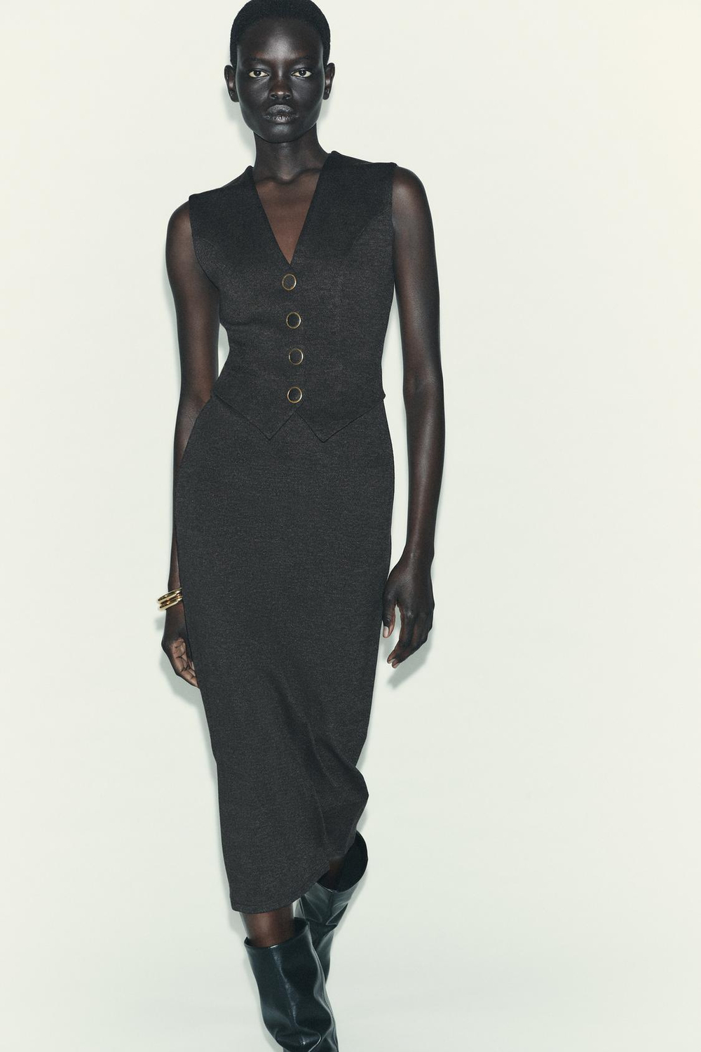 ZARA ПЛАТЬЕ МИДИ С ПУГОВИЦАМИ, ТЕМНЫЙ АНТРАЦИТ