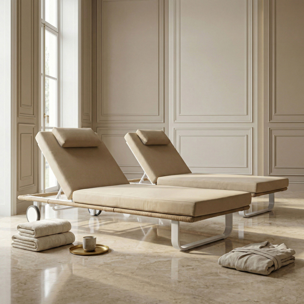 Шезлонг Ideal Patio КОСТА С на колесах, каркас белый, матрас бежевый (с подушкой)