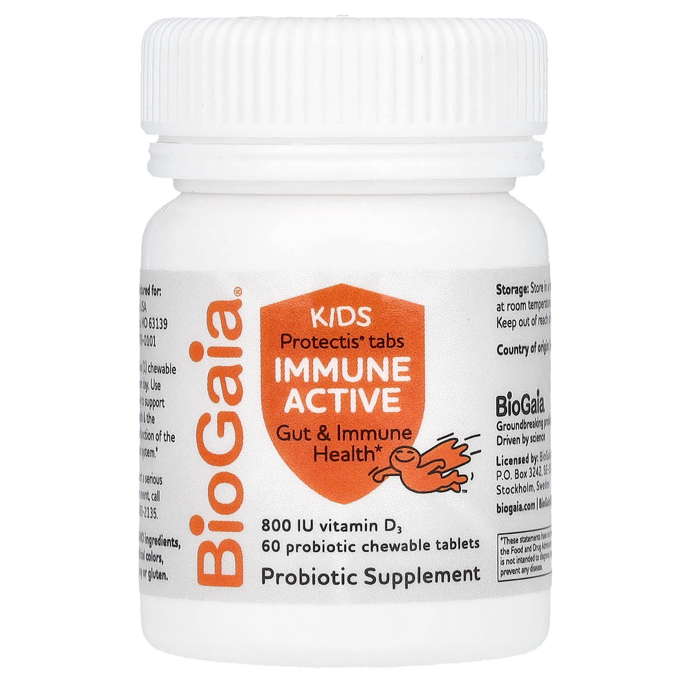 BioGaia, Kids, Immune Active with L. Reuteri + витамин D, апельсин, 60 жевательных таблеток с пробиотиками