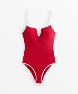 OYSHO Купальник-халтер с V-образным вырезом и контрастной отделкой, яркий красный