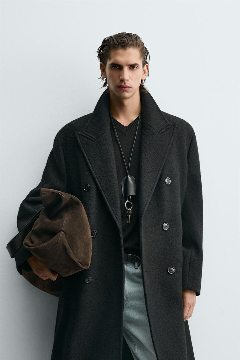 ZARA ШЕРСТЯНОЕ ПАЛЬТО ИЗ РЕЛЬЕФНОЙ ТКАНИ БУКЛЕ, ЧЕРНЫЙ