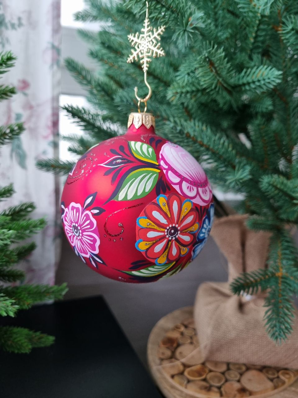 Шар стеклянный "Городецкая роспись" цветы, ручная работа