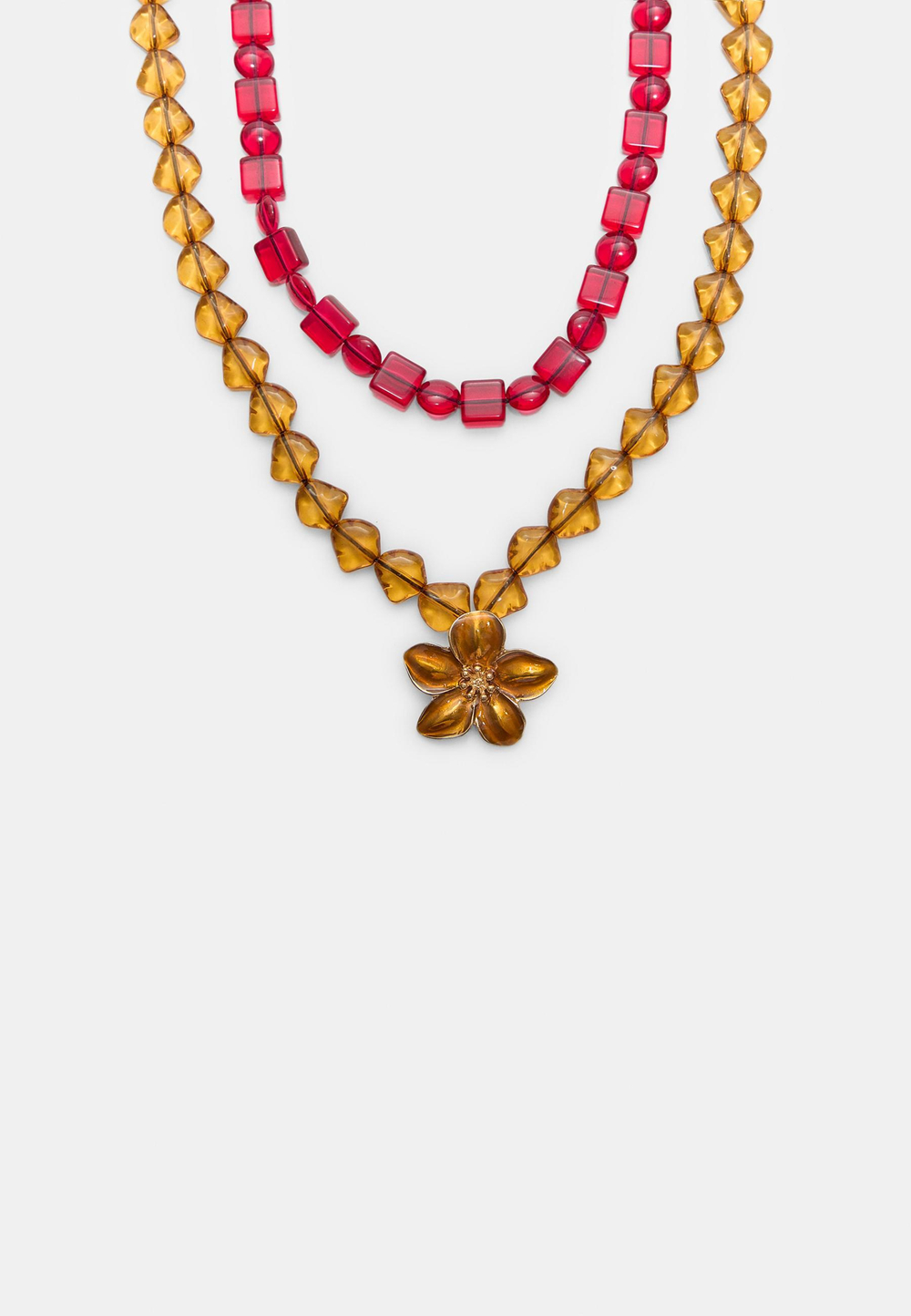 STRADIVARIUS Комплект из 2 ожерелий из бусин и цветов, горчичный