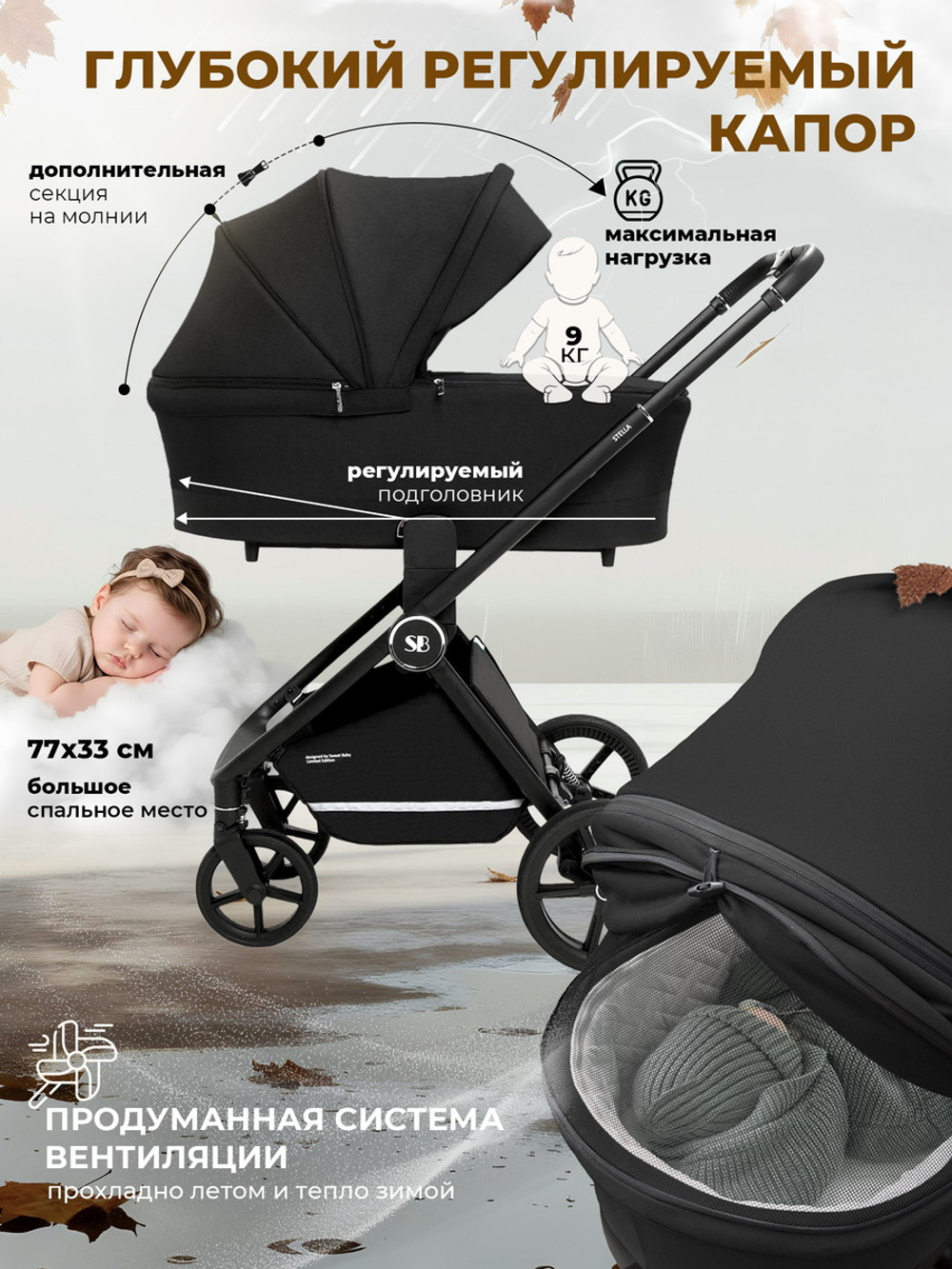 Коляска 4 в 1 Sweet Baby Stella + автокресло Elegante Plus с базой i-Size ISOFIX DK780 Black