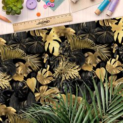 Ткань дюспо золотистые листья монстеры