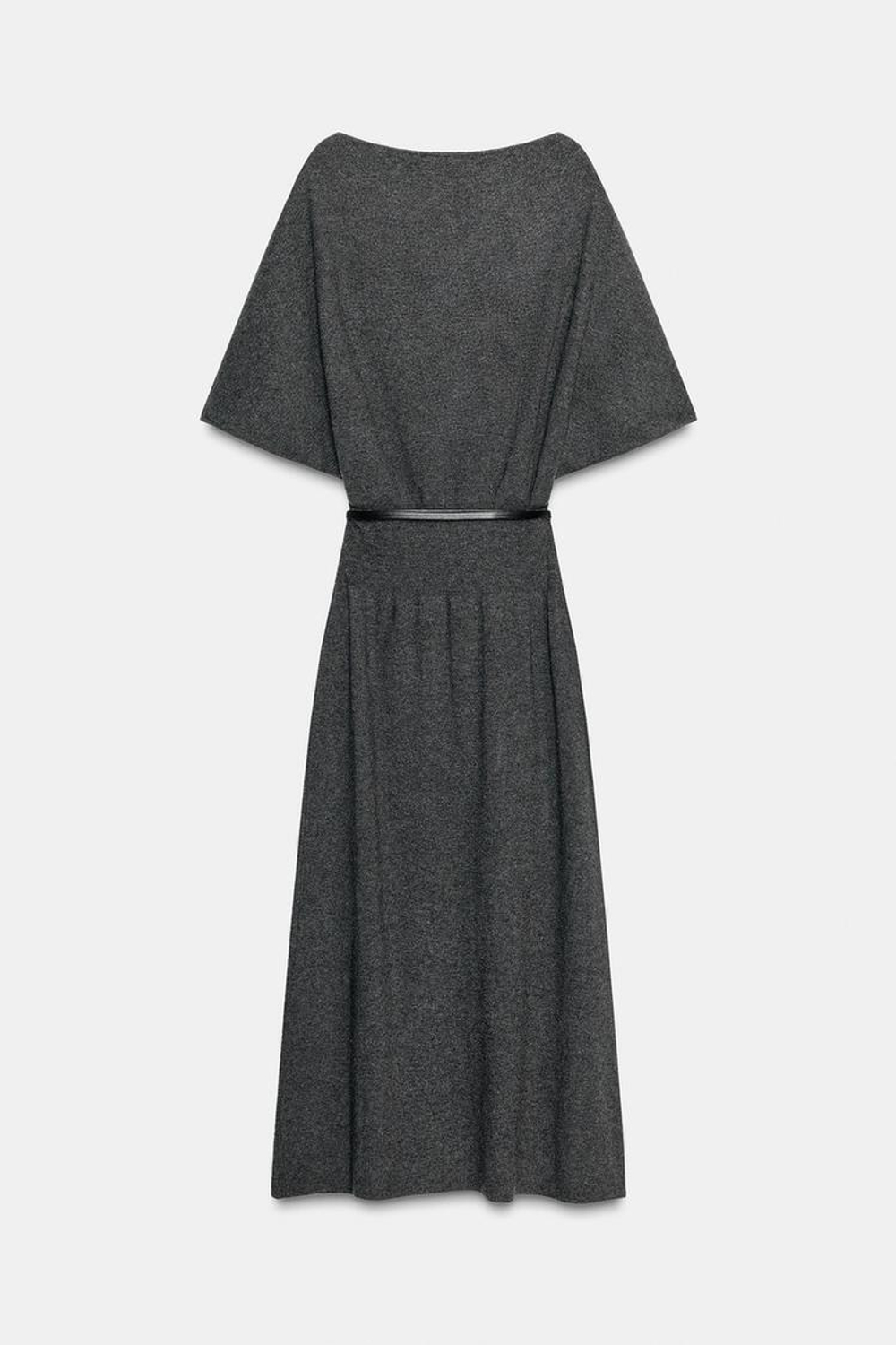 ZARA ТРИКОТАЖНОЕ ПЛАТЬЕ МИДИ С ПОЯСОМ, ТЕМНО-СЕРЫЙ