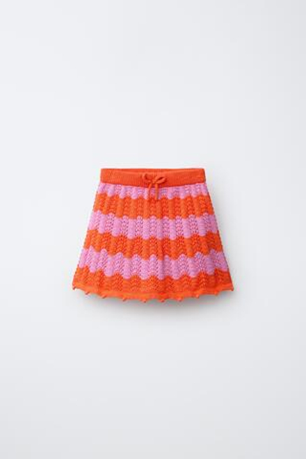 ZARA ЮБКА ИЗ КРУЖЕВА КРОШЕ В ПОЛОСКУ, НЕОНОВО-ОРАНЖЕВЫЙ