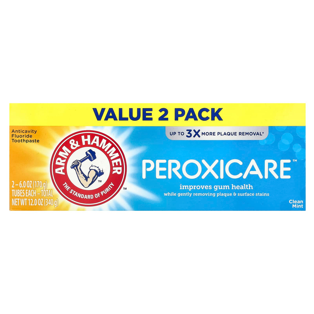 Arm & Hammer, PeroxiCare, Deep Clean, зубная паста против кариеса с фтором, чистая мята, двойная упаковка, 170 г (6,0 унций) каждая