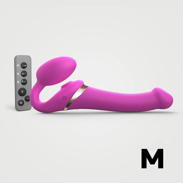 Гибкий страпон Strap-on-me MULTI ORGASM "М" с имитацией оральных ласк и вибрацией, фуксия