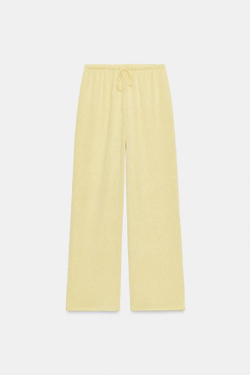 ZARA БРЮКИ WIDE LEG ИЗ ТКАНИ В ДЕРЕВЕНСКОМ СТИЛЕ, СВЕТЛО-ЖЕЛТЫЙ