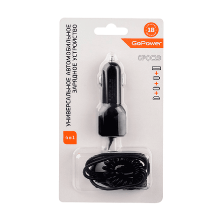 Автомобильное З/У GoPower GPQC13 1USB+Кабель MicroUSB/Lightning/Type-C черный (1/200)