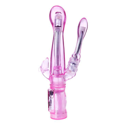 Розовый вибратор с анальным и клиторальным отростками Intimate Tease - 22,5 см.